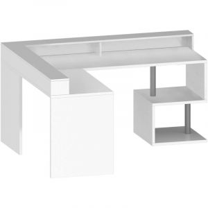 Dmora - Bureau Dcalhanogl, Bureau d'angle avec &eacute;tag&egrave;res de rangement avec lampes led, Bureau polyvalent avec plateau, 180x60h93 cm, Blanc