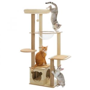 PAWZ Road Arbre à Chat 135 cm en Bois Solide avec Griffoirs Sisal, Hamac Acrylique et Coussin Amovible, Beige