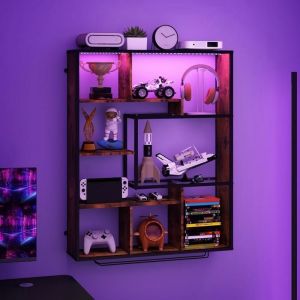 Puluomis &Eacute;tag&egrave;res de Rangement en Bois,&Eacute;tag&egrave;re murale, &Eacute;tag&egrave;res &agrave; plusieurs niveaux,Porte-gobelet, Bande LED RGB,Contr&ocirc;le de APP, Meuble, Salle