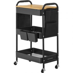 Songmics Chariot de Rangement à 3 Niveaux, Chariot Roulant avec Table Supérieure, 2 Pots Amovibles, 6 Poches Latérales, Chariot Multi-Usage pour Salon,