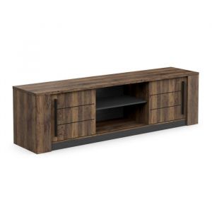 Demeyere Meuble tv monaco - 2 portes coulissantes + 3 étageres - Décor bois oak et noir - L184.5 x P42.3 x H51.8 cm