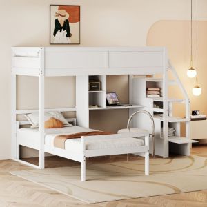 Lit superposé 90x200cm en bois massif - avec escalier de rangement et bureau - Blanc