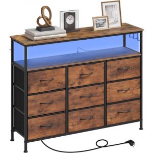 Commode 9 Tiroirs Woltu 110x30x83,5cm, Meuble de Rangement, avec Tiroirs en Tissu, Multiprise et Éclairage led, Marron Rustique+Noir