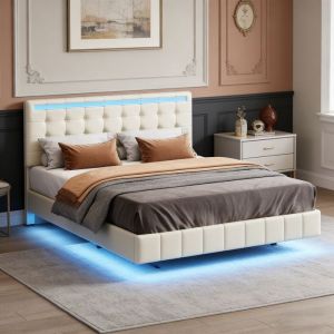 Cadre de lit 140x190 - NEXU - Lit adulte 2 Personnes - Lit flottant avec LED - Prise Int&eacute;gr&eacute;e - Lin beige