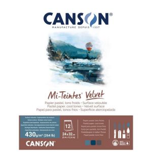 Canson Mi-Teintes Velvet - Bloc 12 feuilles de papier pastel 24x32-430g/m&sup2; - Tons froids, Bleu horizon, bleu nuit, gris anthracite