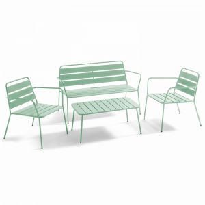 Oviala Salon de jardin 4 places et 1 table basse en acier vert sauge