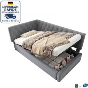 MODFU - Lit coffre enfant 90x190cm, hydraulique, canap&eacute;-lit capitonn&eacute;, sommier &agrave; lattes, sans matelas, velours, gris
