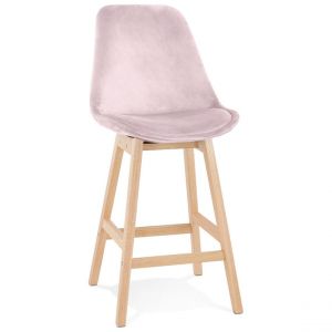 Tabouret snack mi-hauteur 'MORISS MINI' en velours rose et pieds en bois naturel