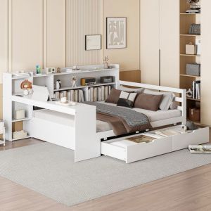 Lit 140x200 cm multifonction en bois massif blanc avec bureau &eacute;tag&egrave;res tiroirs et prise USB