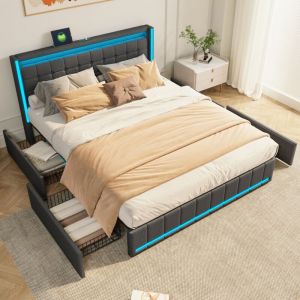 Lit double LED avec 4 tiroirs et sommier à lattes et tête de lit, port de charge USB/Type C, sans matelas, tissu en lin, gris 140x200cm