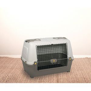 Cage de transport rigide pour chiens ou chats en polypropyl&egrave;ne, cage portable avec tapis, 100% Made in Italy, 76x45h54 cm, couleur grise