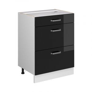 Meuble bas universel R-Line, Noir Haute brillance, 60 cm avec tiroirs, sans plan de travail, Vicco