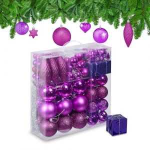 Relaxdays Boules de Noël, Lot de 110, en Plastique, D : 6 cm, décoration de Sapin, avec Guirlande, Rose Fuchsia