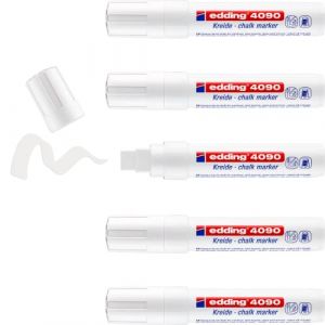 Edding 4090 Marqueur craie liquide - blanc - 5 feutres craie liquide - pointe biseautée 4-15 mm - feutre craie effacable pour écrire sur les vitres,le verre - feutre craie ardoise aux couleurs opaques
