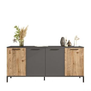 Buffet bas 4 portes Peeves Ch&ecirc;ne clair et Anthracite