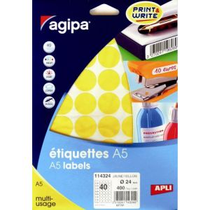 Agipa 114324 - 400 étiquettes jaunes multi-usage, diamètre 24 mm (10 feuilles A5 / cdt)