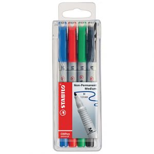Stabilo Stylo-feutre à encre soluble effaçable OHPen universal - pointe moyenne 1 mm - pochette de 4 couleurs assorties - paquet 4 unités