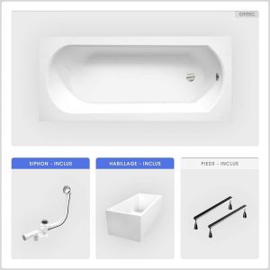 Baignoire rectangulaire - 170 x 75 cm - avec Habillage Polystyrène - Pieds - Vidage Chrome - INTRICA