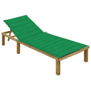 Transat chaise longue bain de soleil lit de jardin terrasse meuble d'extérieur avec coussin vert bois de pin imprégné 02_0012538