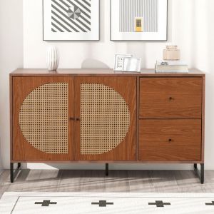 Buffet de cuisine, buffet salon avec 2 portes en rotin et 2 tiroirs, noyer