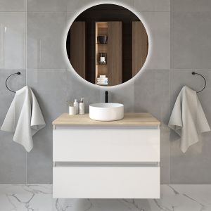 Meuble de salle de bain avec vasque à poser ronde - blanc - balea et miroir rond Led solen - 80cm