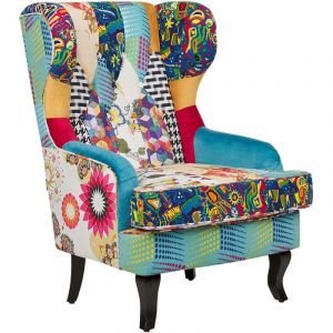 Beliani Fauteuil Style Berg&egrave;re en Tissu Patchwork Multicolore Pieds Noirs Pop Art Molde