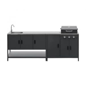 Cuisine ext&eacute;rieure Naxos 2 modules acier inoxydable noir barbecue gaz 3 br&ucirc;leurs avec &eacute;vier