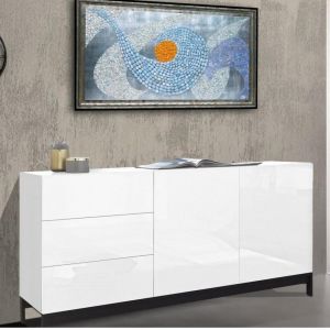 Inside75 Buffet design METIS 170 cm Finition blanc laqué brillant 3 tiroirs 2 étageres - blanc