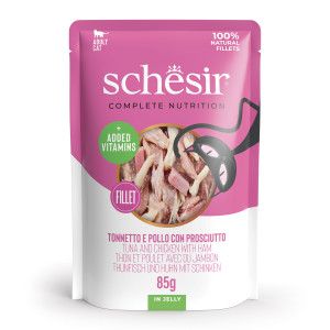 Schesir Ton et Poulet avec Jambon en Gel&eacute;e, Aliment Humide Complet pour Chats en Enveloppe, Ingr&eacute;dients 100% Naturels, sans cruaut&eacute; 12 x 85 g