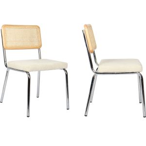 Lot de 2 chaises chromées, cannage et velours côtelé beige