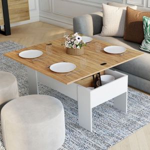 Idmarket Table basse rectangulaire plateau relevable convertible en table à manger tara bois blanc et imitation hêtre