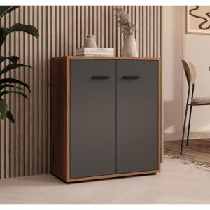 Lettiemobili - Buffet bas de salon 2 portes 60x71x30cm Meuble d'appoint Armoire de rangement Modèle Lander L2 Couleur Noyer Ambar et Gris
