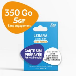 Lebara - Carte SIM Prépayée 350 Go 5G SFR - Appels & SMS Illimités France - 4h vers 60 Pays - Sans Engagement 30 Jours