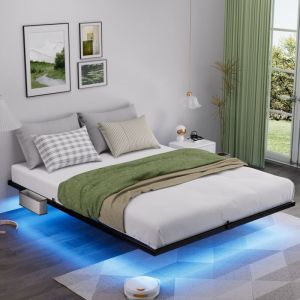 Lit double adulte 140x200 cm, avec LED, USB+Type-C, 9 pieds, sommier à lattes métalliques, sans matelas, noir