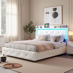 Cadre de lit 140x190 cm, USB et LED, PU Blanc, R&eacute;tro, Sommier, Facile &agrave; monter, Ch&acirc;lit une personne 140x190 cm