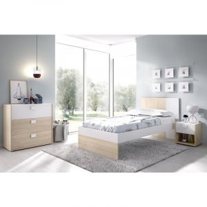 Pegane Ensemble chambre à coucher complète (lit adulte 190x90 cm avec 2 tiroirs + table de chevet + commode ) coloris blanc, chêne naturel