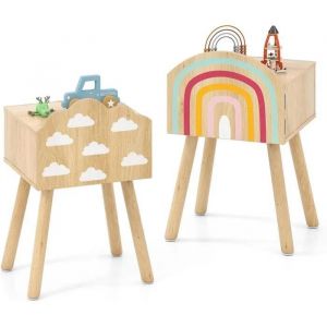 Costway Lot De 2 Table De Chevet Enfant Avec Motif Arc-En-Ciel Et Nuage, Dispositif Anti-Basculement, 34x30x54 Cm, Naturel
