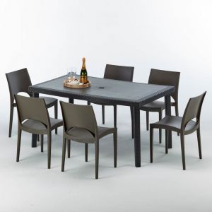 Image de Grand Soleil Table rectangulaire et 6 chaises Poly rotin colorées 150x90 noir | Paris Marron Moka