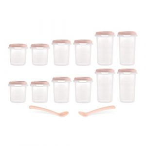 Miniland Baby Set 12 Hermisized Candy. Pack de 12 hermétiques graduées (200, 250 et 330ml) et deux cuillères, sûres, résistantes et adaptées au lave-vaisselle, micro-ondes et congélateur. Collection Dolce.