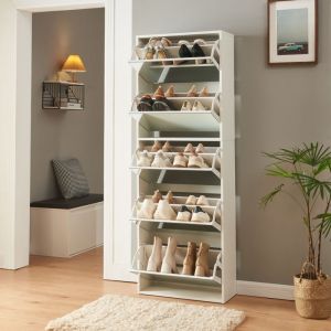 Meuble à chaussures Lund à 5 abattants avec miroir blanc [en.casa]
