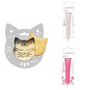 Kit pour biscuit en relief Chat + 2 Stylos au chocolat blanc et fuchsia