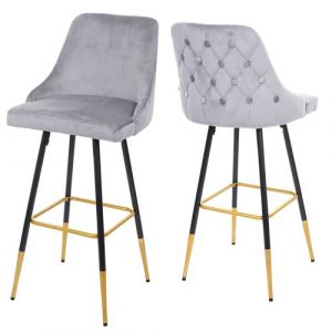 Mendler 2x tabouret de bar HWC-E70, chaise de bar/comptoir, design rétro, velours, haubans/pieds dorés ~ gris