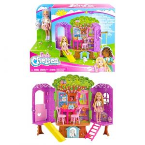 Mattel Coffret Cabane dans Les Arbres avec Poupée Chelsea Et Chiot, Maison De Poupée avec Mobilier Et Toboggan Et Plus De 10 Accessoires, Jouet Enfant, Dès 3 Ans, HPL70