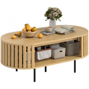 Homcom Table basse - ovale - avec rangement - coins arrondis - design lattes - pieds acier - 100 x 50 x 40 cm - effet bois naturel
