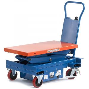 Certeo Chariot &eacute;lectrique &agrave; plate forme &eacute;l&eacute;vatrice, plage de lev&eacute;e 520 &ndash; 1460 mm force 650 kg - Coloris pi&eacute;tement: bleu s&eacute;curit&eacute; RAL 5005