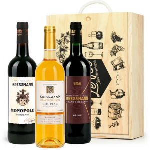 Image de Coffret bois 3 vins de Bordeaux (2 rouges, 1 moelleux) - Caisse bois 3 bouteilles 75cl