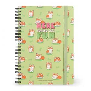 Legami Cahier à spirales ligné 7 mm, Corgi, Large, Format A4, Papier certifié FSC, Contient 1 feuille d'autocollants, 160 pages, Fermeture élastique, 15 x 21 cm