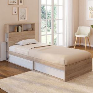 Idmarket Lit simple CLEM avec rangement tête de lit et sommier 90 x 190 cm hêtre et blanc