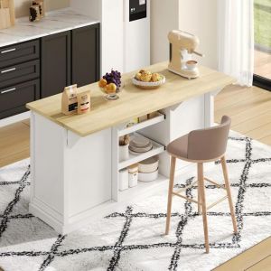 Ilot central de cuisine - 5 tiroirs et 2 &eacute;tag&egrave;re - Avec prise de courant - Plateau extensible - Naturel + Blanc