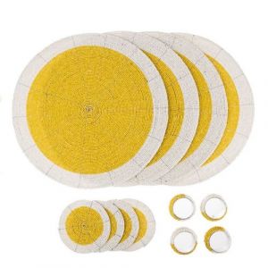 Penguin Home Set de 12 Sets de Table, Dessous de Verre et Ronds de Serviette en Perles de Verre - Couleur Jaune et Blanc - Sets de Table Ronds - Diamètre - 32 cm